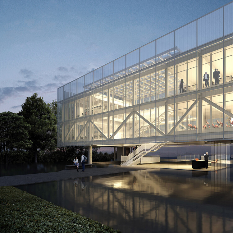 Cinematic glass pavilion exterior with interior structure visible and water reflection